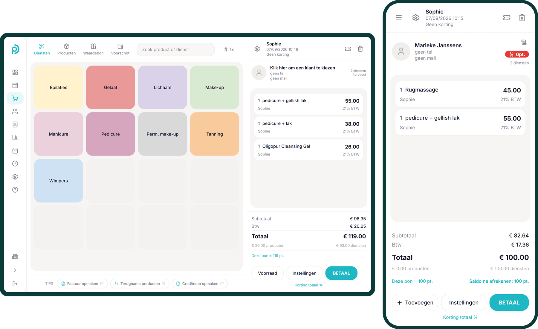 Het kassascherm van Posworld op een tablet: links de behandelingen per categorie, rechts een bon met twee behandelingen en een verzorgingsproduct, met de btw per lijn en een totaal van 119 euro. Ernaast dezelfde kassa op een smartphone.